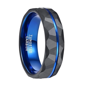 Polished black and blue tungsten carbide ring with faceted cut and brushed finish for men