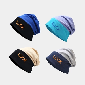 Slouchy Beanie Hat Cotton Knit Contrast Color Letter Luck Print Casual Streetwear Skull Cap For Men Women