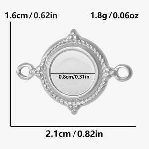 Macro shot of silver stainless steel pendant with precise size and weight measurements