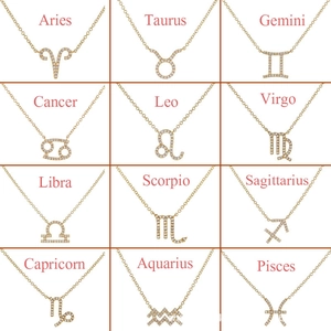 Set of twelve gold zodiac necklaces with sparkling zircon pendants in minimalist layout
