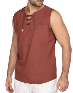 Detail of rust red linen tank top featuring lace-up collar and front pocket for men