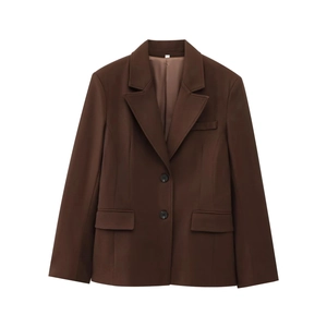 Women's dark brown long-sleeve blazer jacket with double black buttons and flap pockets