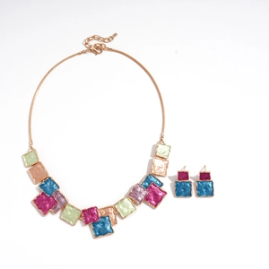 Ethnic style geometric square necklace and earring set with colorful enamel mosaic