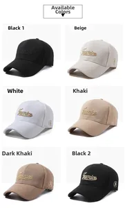 Detail view of cotton baseball caps in six neutral colors with embroidered Feamice logo