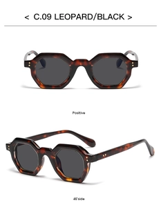 Detailed view of geometric hexagonal leopard print sunglasses from front and side angles