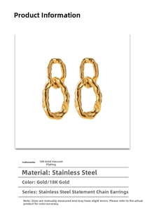 Detail of linked gold earrings with vintage hammered texture in 18K gold plated steel