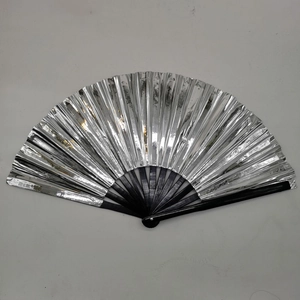 33cm Kung Fu folding fan with laser silver metallic foil surface and black bamboo ribs