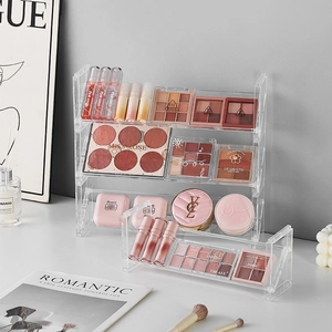 3-tier clear acrylic makeup organizer stand for cosmetic palettes and lipstick storage