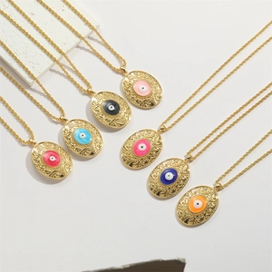 Oval evil eye necklaces in seven enamel colors with golden twisted rope chains