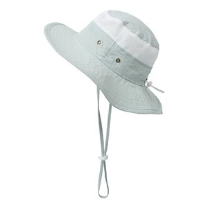 Detail of light green mesh panel and adjustable drawstring on children outdoor sun hat