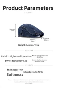 Detailed size chart for the washed denim flat cap showing adjustable 56-61cm circumference