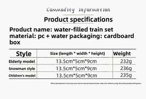 Detailed size chart for Christmas water-filled locomotive light showing style dimensions