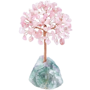 Natural rose quartz crystal tree on fluorite raw stone base for chakra healing