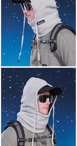 Detail of light gray winter balaclava with warm fleece lining and adjustable drawstrings