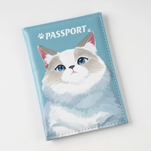 Blue PU leather passport cover with cute ragdoll cat UV print and white passport text