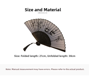 Detail of folding fan showing panda ink painting with dimensions and black tassel