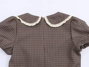 Detailed back view of vintage plaid dress featuring a lace-trimmed Peter Pan collar