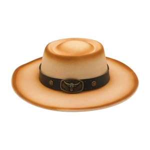 Retro Western Cowboy Fedora Hat With Leather Belt Metal Bull Head Buckle Vintage Felt Jazz Cap For Men Women