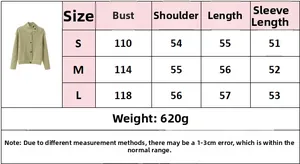 Detailed size chart for knitted high collar cardigan showing S, M, and L dimensions