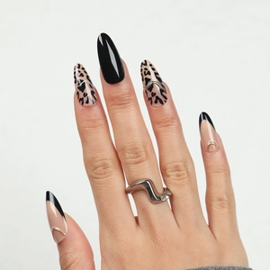 Glossy Press On Nails Leopard Print Black French Style Gold Metallic Line Almond Stiletto Shape Resin Fashionable Women