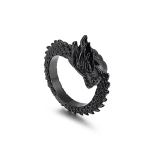 Matte black stainless steel dragon ring featuring intricate scales and tribal relief