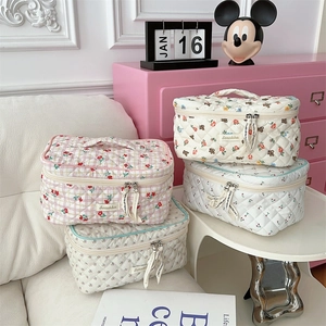 Close-up of quilted cotton makeup bags in floral, cherry, and plaid patterns with handles
