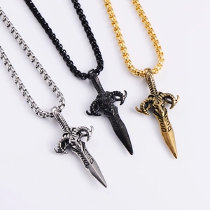 Detailed view of vintage sword pendants in silver, black, and bronze steel finishes