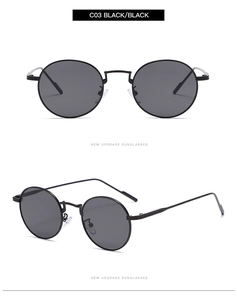 Front and 45-degree angle view of retro round sunglasses with slim black metal frames