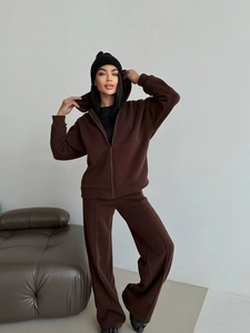 Women Cotton Hooded Zip Up Sweatshirt And High Waist Wide Leg Pants Solid Color Casual Streetwear Brown