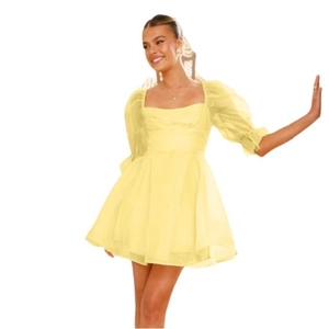 Elegantes gelbes Organza-Minikleid für Damen mit Puffärmeln im Vintage-Prinzessinnen-Stil