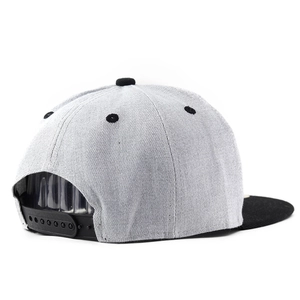 Rear view of grey and black two-tone snapback hat with adjustable strap and contrast eyelets