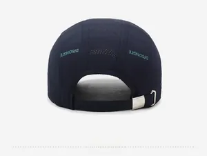 Detail of navy quick-dry baseball cap with laser-cut vents and adjustable metal buckle