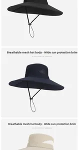 Detail of wide brim sun hat featuring breathable side mesh and adjustable windproof drawstring