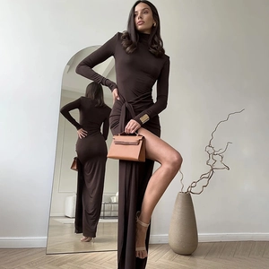 Elegant high neck long sleeve dress in chocolate brown with waist tie and high side slit