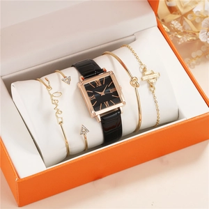 Elegant women's square black watch set with gold bracelets in a premium orange gift box