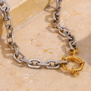 Two-tone chunky chain necklace with silver square links and gold spring clasp