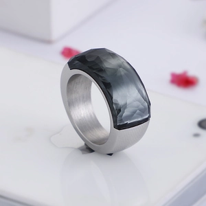 Detailed close-up of a silver titanium steel ring featuring a black geometric faceted stone