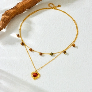 Double-layered titanium steel necklace with tiger eye beads and red heart pendant