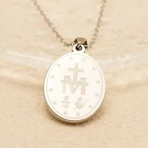 Vintage stainless steel cross oval pendant necklace featuring religious Miraculous Medal