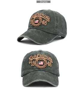 Detail of San Francisco 1846 3D embroidery and US flag shield on washed cotton cap