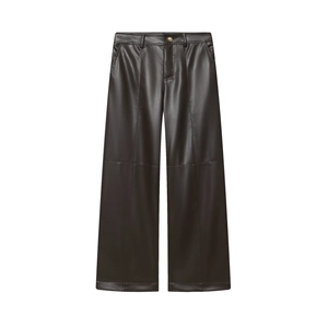 Pantaloni a Gamba Larga in Ecopelle a Vita Alta da Donna Vintage Marrone Scuro Dritti in Pelle PU per Pendolarismo Casual