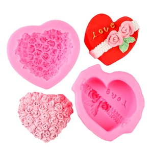 Pink heart silicone mold set with rose textures and LOVE lettering for DIY soaps
