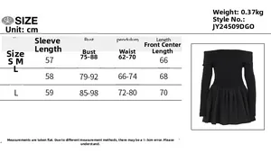 Detailed size chart for off-shoulder A-line mini dress with sleeve and length measurements