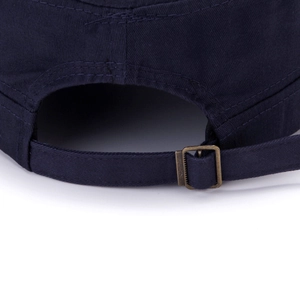 Unisex navy cotton flat top cap with adjustable bronze buckle and twill fabric texture