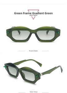 Close-up of green hexagonal sunglasses with thick transparent frames and gradient lenses