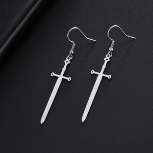 Punk style stainless steel cross sword dangle earrings in silver finish on black leather