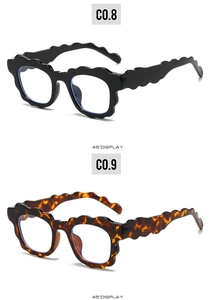 Detail view of wavy frame sunglasses with anti-blue light lenses in C0.8 and C0.9 models