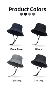 Outdoor bucket hats in navy blue, black, light gray, and dark gray with adjustable cords