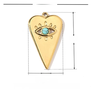 Detailed size parameter view of golden heart pendant with natural stone evil eye design