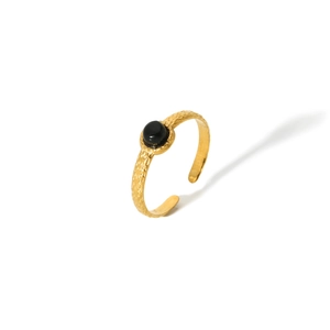 Gold adjustable stainless steel ring with hammered texture and a black natural stone